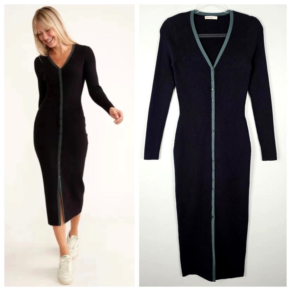 Marine Layer Lexi Ribbed Sweater Dress Black Green Midi Button Front size Small